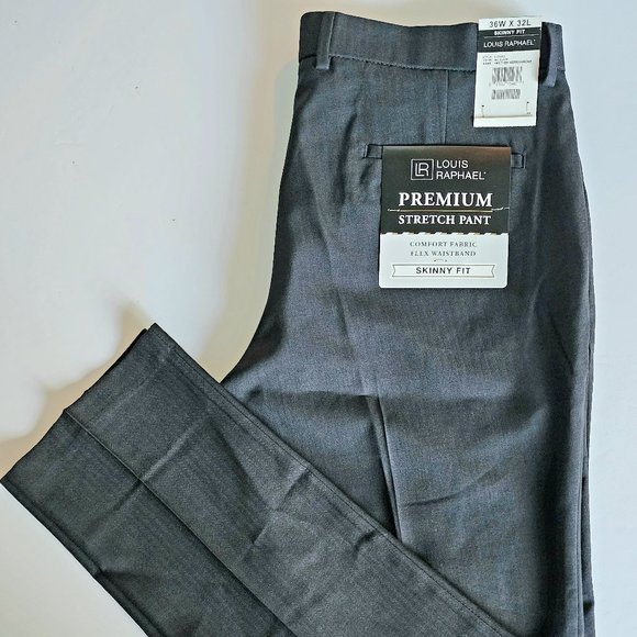 LOUIS RAPHAEL Comfort Stretch Solid Skinny Fit Flat Front Dress Pant Black 36X32 - Picture 1 of 7